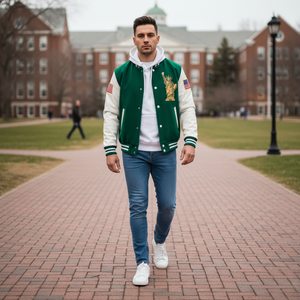 Man wearing a green and white varsity jacket on a brick path with a building in the background