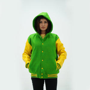 Kelly green women's varsity hoodie ribbed waistband and hem with striped trim showing wool to leather construction detail