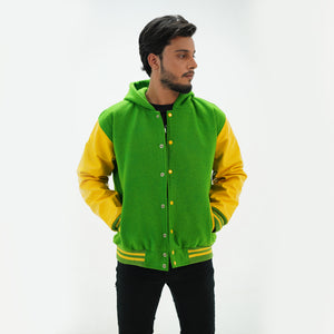 Side angle of men's kelly green hoodie letterman jacket highlighting genuine cowhide yellow leather arms and hooded design