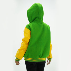 Back view of kelly green and yellow women's varsity hoodie displaying wool body and yellow leather sleeves with ribbed waistband