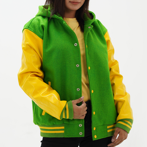 Kelly green and yellow women's varsity hoodie front view with yellow leather sleeves and integrated hood with drawstring