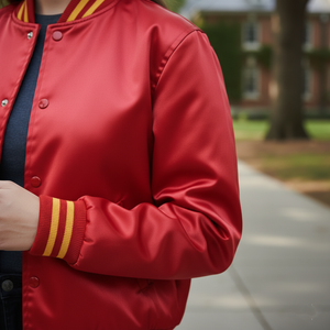 Person wearing a red jacket with yellow accents on a blurred outdoor background