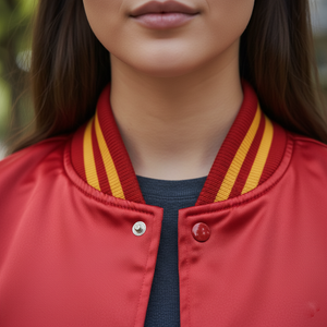 Red jacket with yellow stripes worn by a person, blurred background