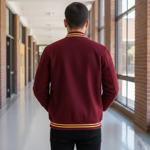 Person wearing a maroon jacket with yellow stripes in a school hallway.