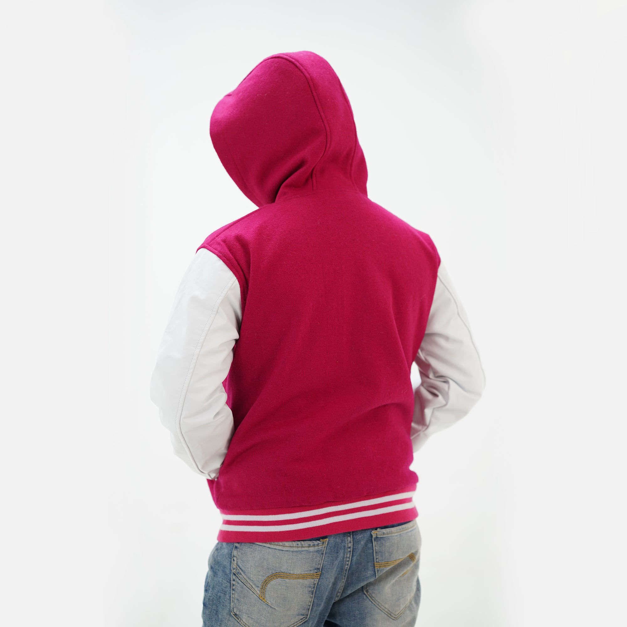 Back view of letterman hoodie jacket showing wool body and leather arms hooded design
