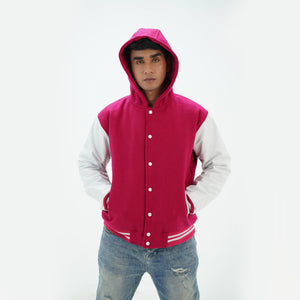 Detailed view of letterman hoodie jacket leather arms in pocket and hood with wool body varsity styling