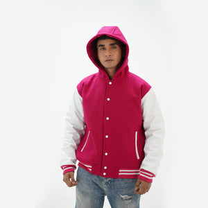 Front view of letterman hoodie jacket featuring leather arms and wool body construction with hood