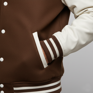 Brown varsity jacket with white accents on a neutral background