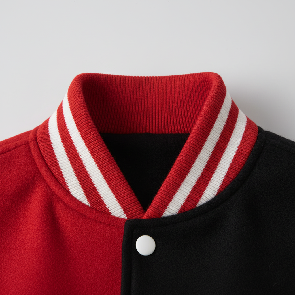 Close-up of a red and black jacket with a white stripe on the collar against a light gray background.