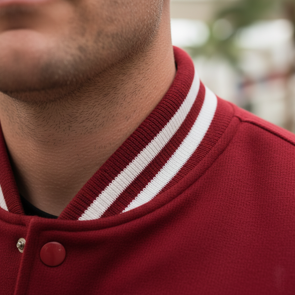 Close-up of a red varsity jacket with white stripes on the collar.