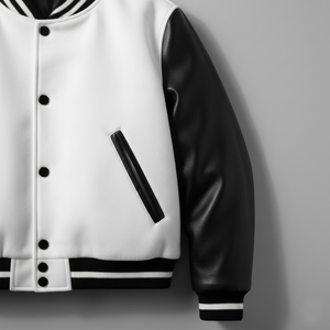 White varsity jacket with black sleeves on a gray background