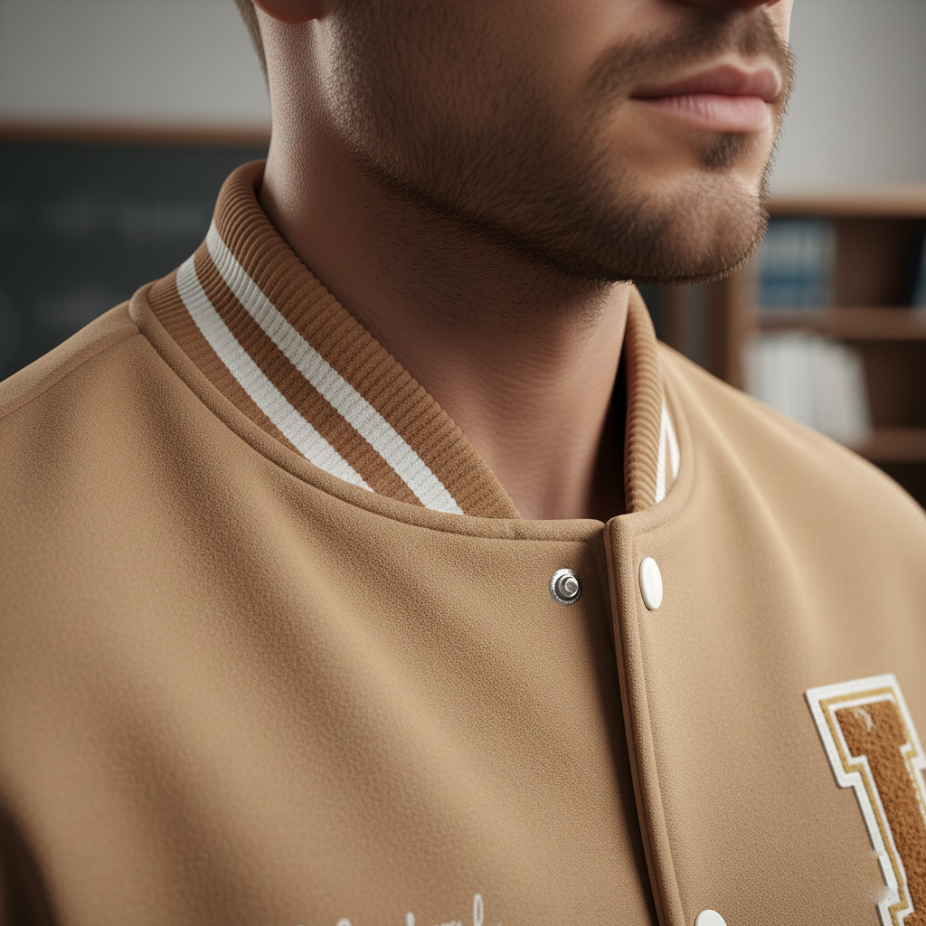 Close-up of a person wearing a brown varsity jacket with white trim.