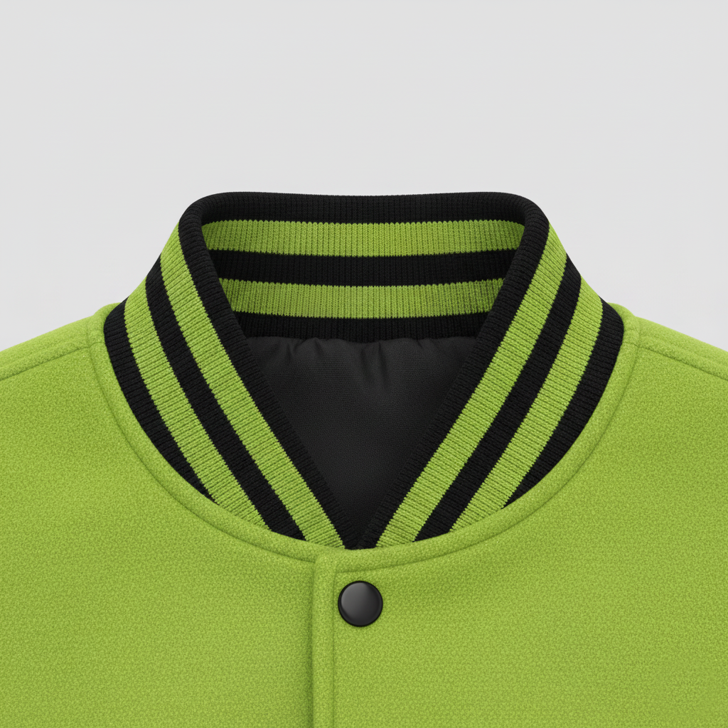 Close-up of a green jacket with black trim on a light gray background