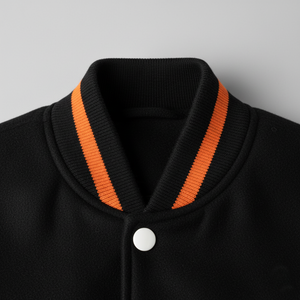 Black jacket with orange striped collar on a gray background