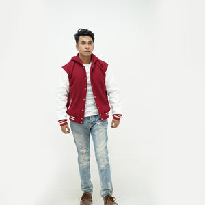 Detailed view of men's magenta and white letterman hoodie hood and ribbed trim with premium quality finishing