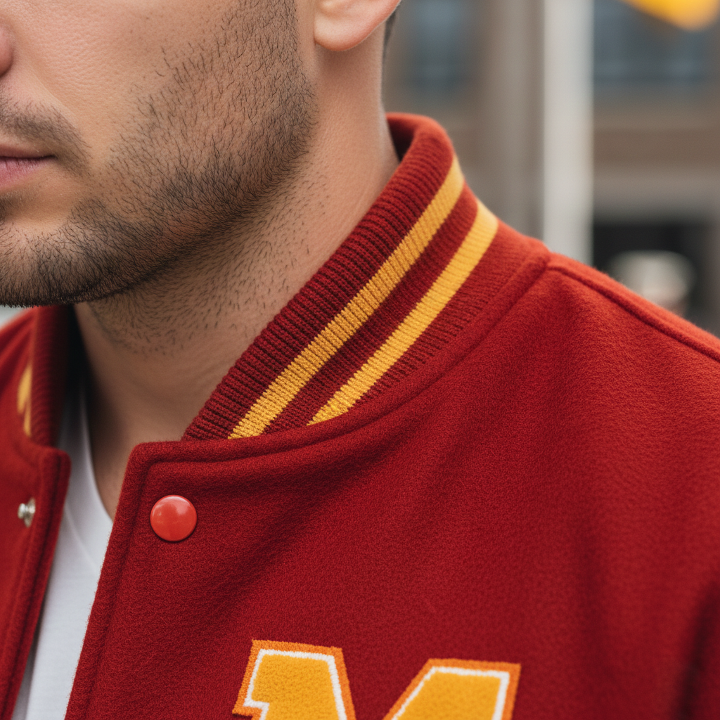 Close-up of a person wearing a red varsity jacket with yellow accents and a large letter 'M' on the chest.