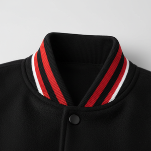 Black jacket with a striped red, white, and black collar on a light gray background