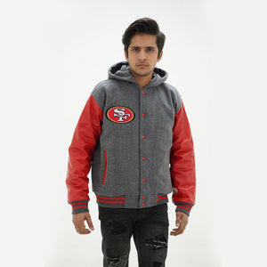 Front view of men 49ers hooded varsity jacket displaying premium red and grey construction with hood for San Francisco NFL fans