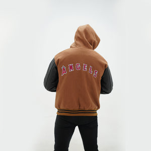 Back view of men LA varsity hoodie showing attached hood and authentic construction for showcasing Los Angeles pride with wool leather design