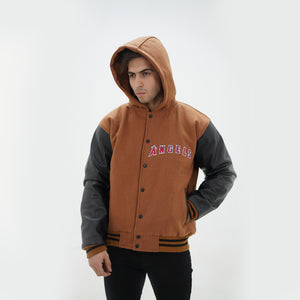 Three quarter view of men Los Angeles hooded jacket highlighting quilted interior lining and premium wool body with leather sleeves