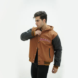 Side angle of men Los Angeles hoodie jacket showcasing genuine leather arms and wool body construction with hood for LA fans
