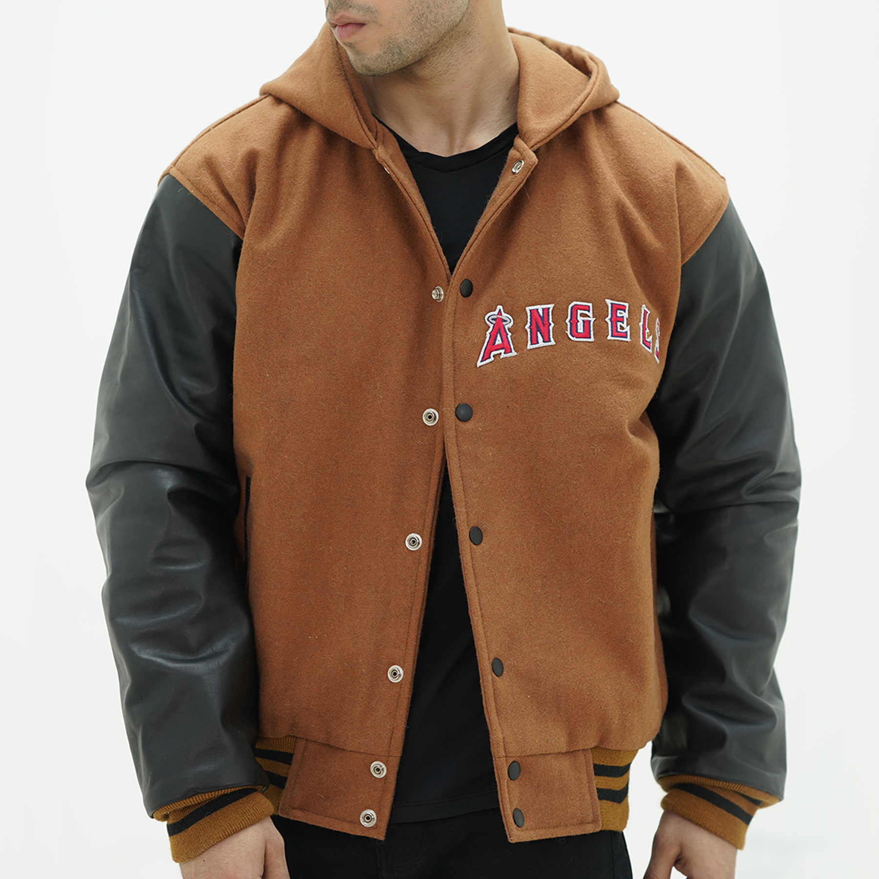 Men Los Angeles letterman hoodie jacket featuring wool body and genuine leather sleeves with attached hood showcasing LA pride for fans