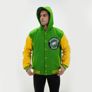 Three quarter view of men Philadelphia Eagles hooded jacket highlighting cozy hood and premium wool leather construction for NFL fans