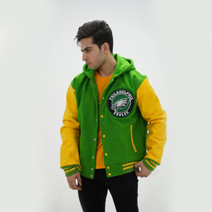 Three quarter view of men Philadelphia Eagles hooded jacket highlighting cozy hood and premium wool leather construction for NFL fans
