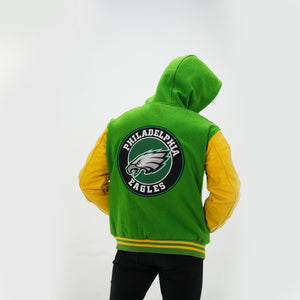 Back view of men Philly Eagles varsity hoodie showing hood construction and midnight green wool with yellow leather sleeve design