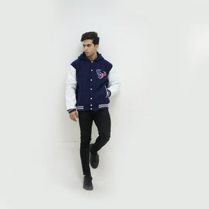Front view of men Texans hooded varsity jacket with snap button closure and navy team colors for Houston football fans