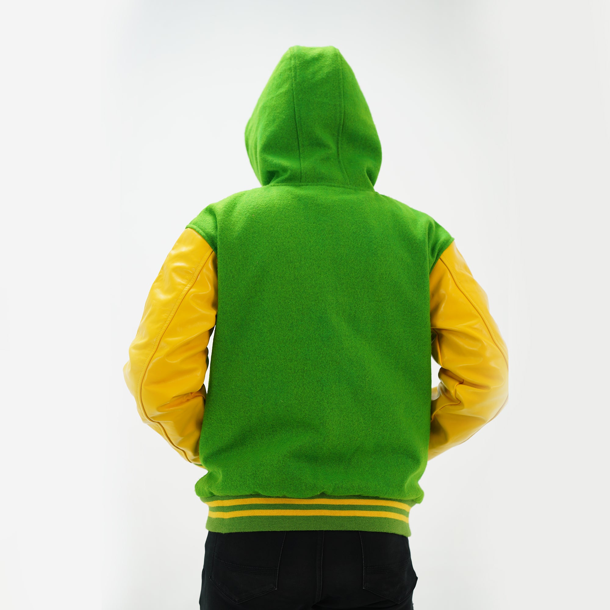 Back view of men's kelly green hoodie letterman jacket showing premium Melton wool construction and classic varsity tradition