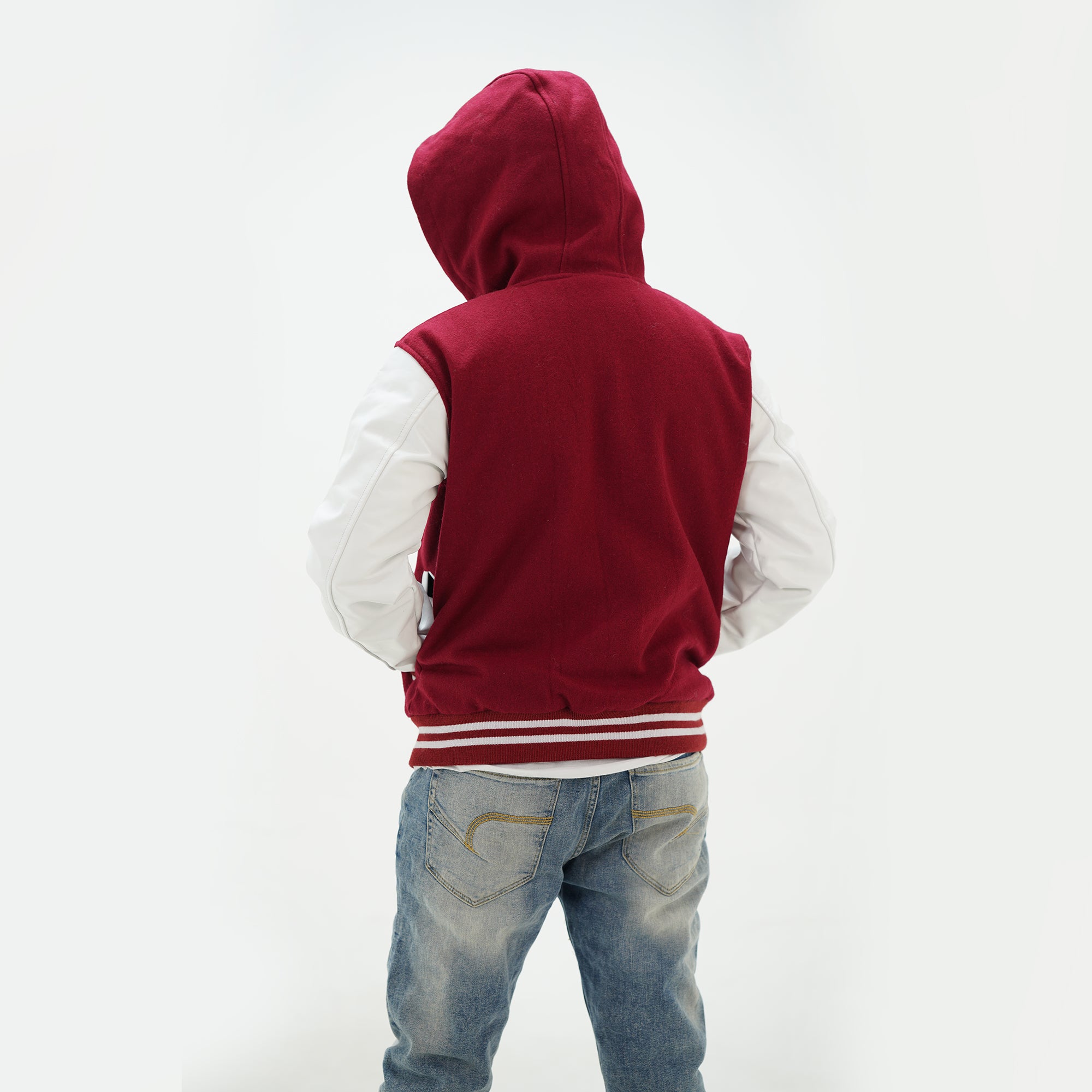 Back view of men's magenta and white letterman hoodie showing premium Melton wool body and quilted diamond lining