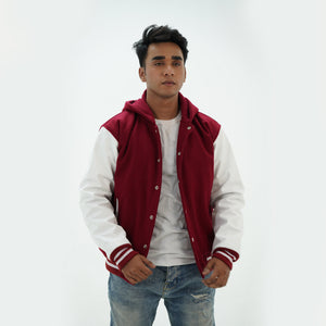 Close-up detail of men's magenta and white letterman hoodie with custom embroidery and premium wool leather materials