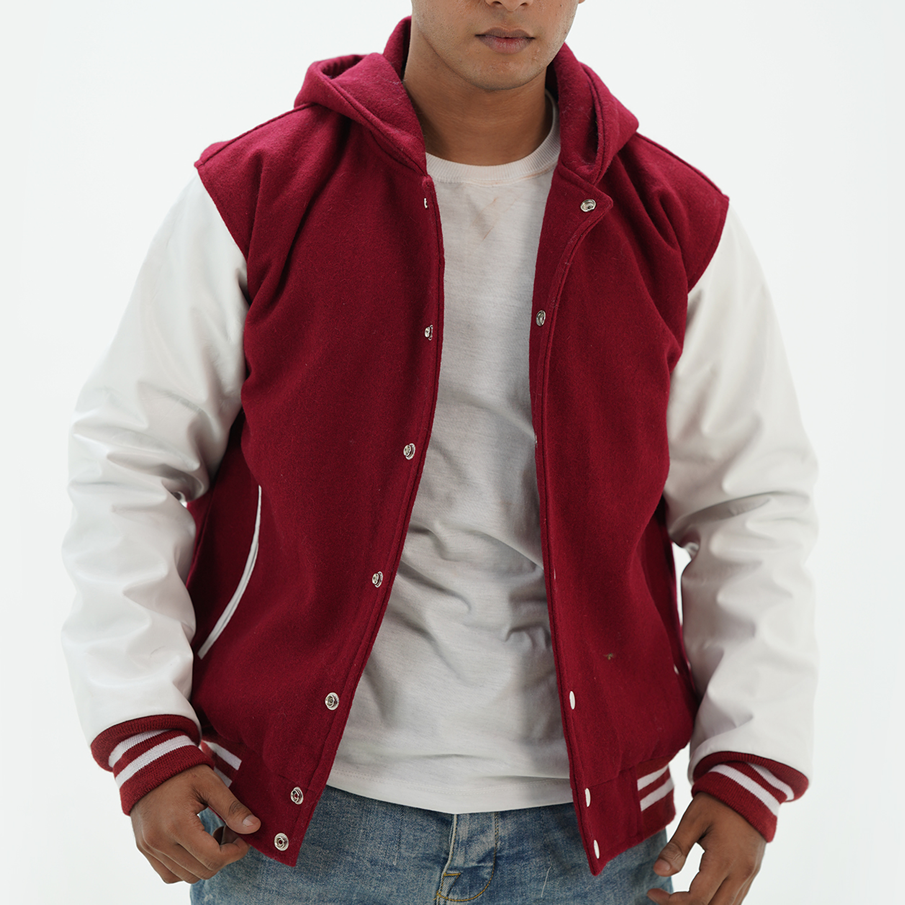 Men's magenta and white letterman hoodie with premium Melton wool body and genuine cowhide leather arms