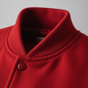 Close-up of a red garment with a button on a gray background