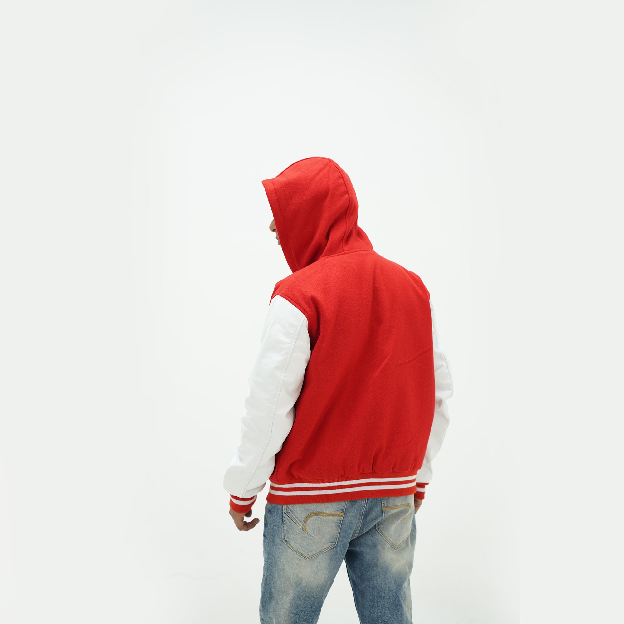 Back view of men's red and white varsity jacket with hoodie showing Melton wool body and quilted lining