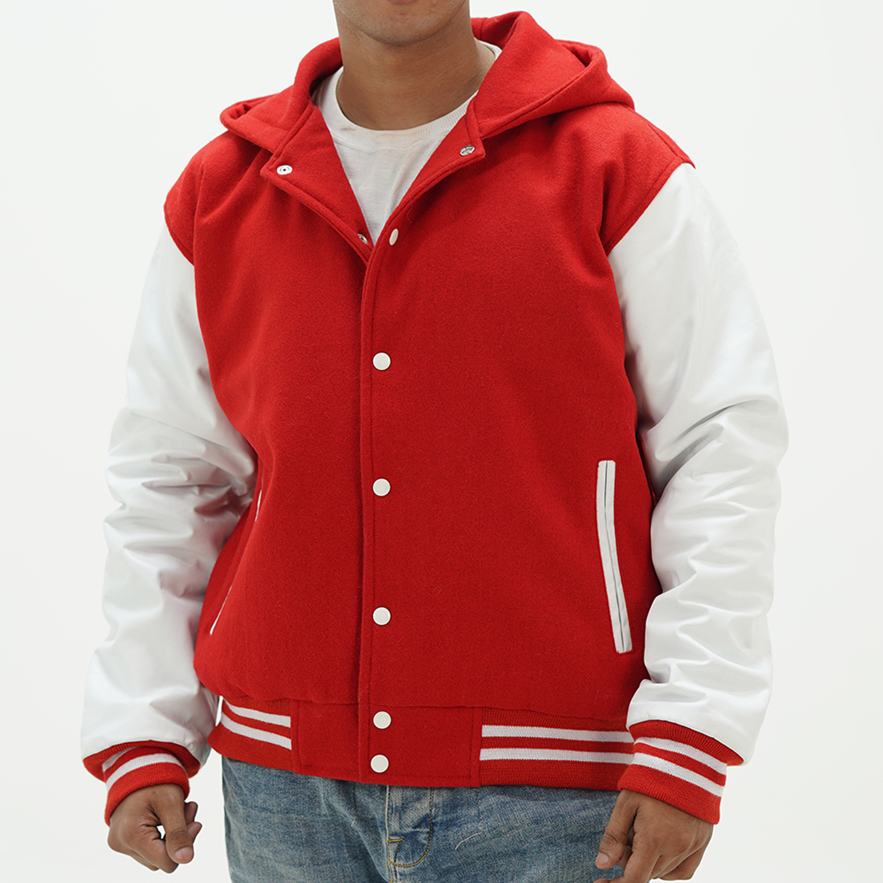 Men's red and white varsity jacket with hoodie - premium Melton wool body and genuine cowhide leather arms