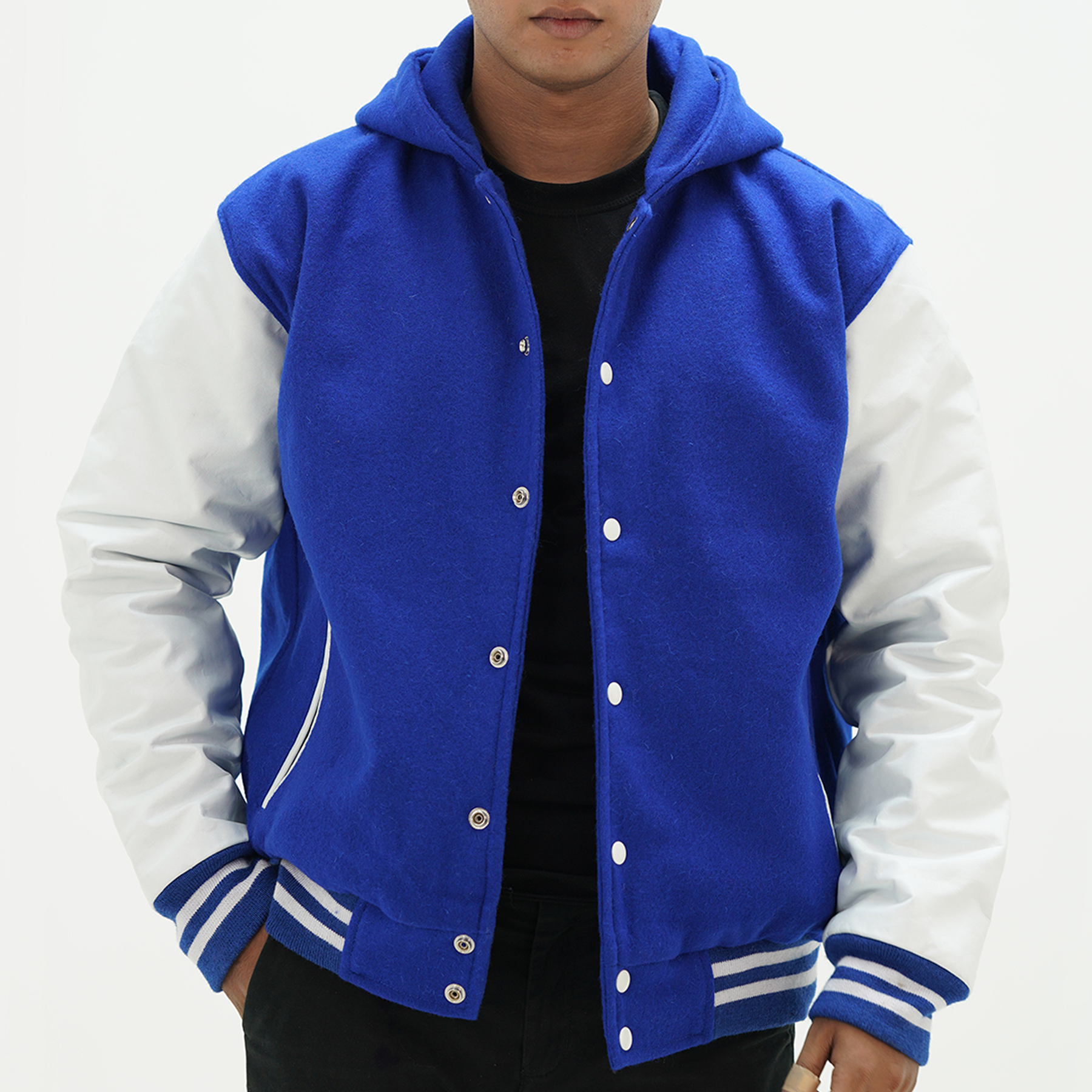 Men's royal blue letterman jacket with hood - premium Melton wool body and genuine cowhide white leather sleeves