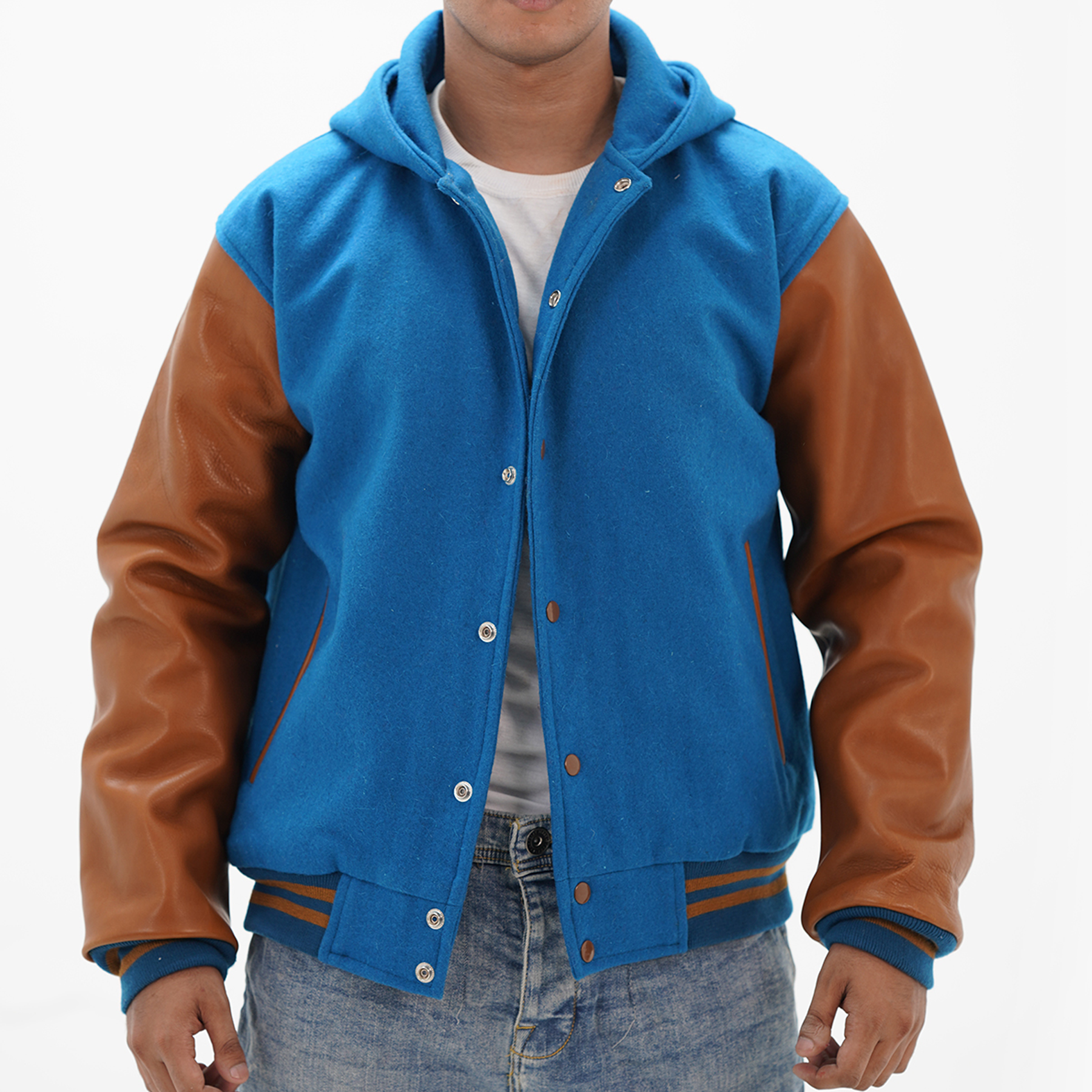 Men's sky blue varsity jacket over hoodie with premium Melton wool body and genuine cowhide leather sleeves