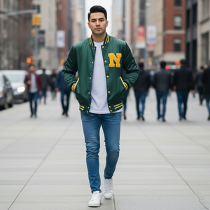 Man wearing a green varsity jacket with yellow accents on a city street.