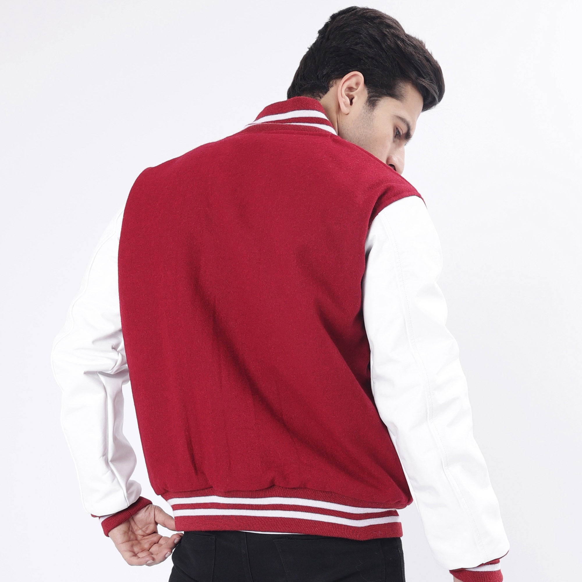 Men's Magenta And White Letterman Jacket Leather Arms And Wool Body Varsity Jacket