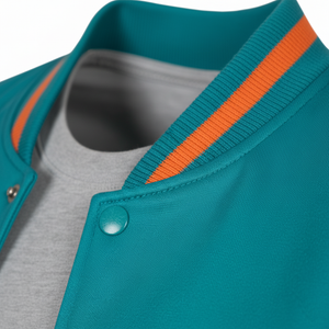 Teal jacket with orange stripes on a gray background