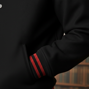Michael Jordan letterman jacket black red stripes close-up varsity details