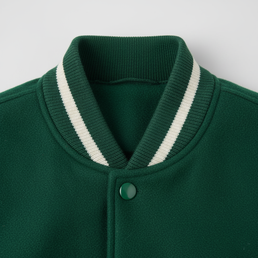 Close-up of a green jacket with a white stripe on the collar against a light gray background