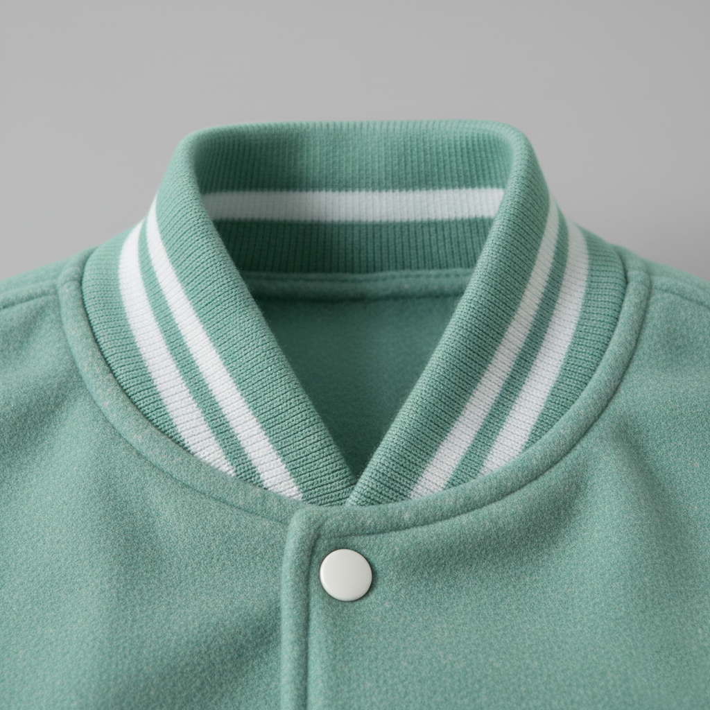 Close-up of a green jacket with a white stripe on the collar against a gray background