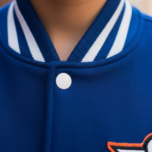 Close-up of a blue varsity jacket with white trim and a button.