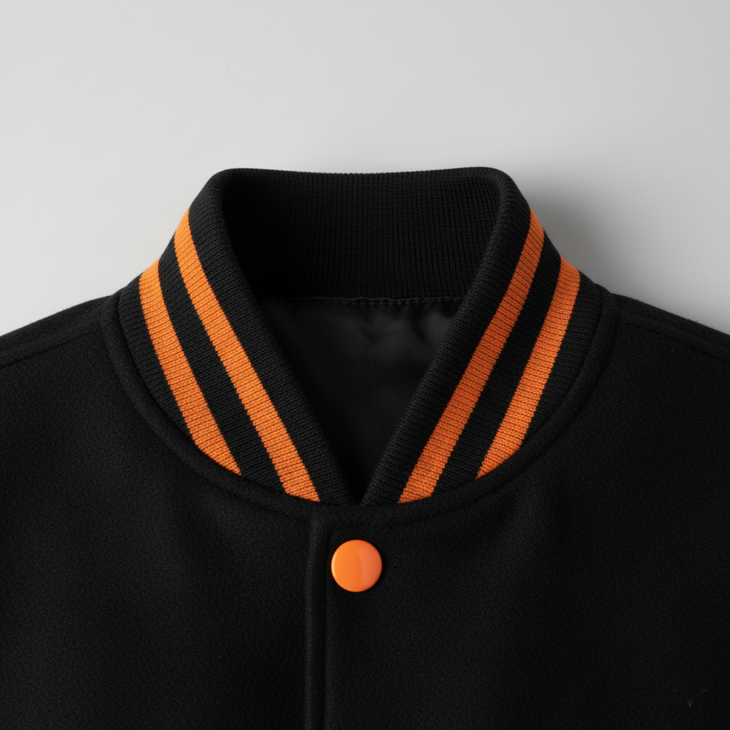 Black jacket with orange striped collar and button on a light gray background