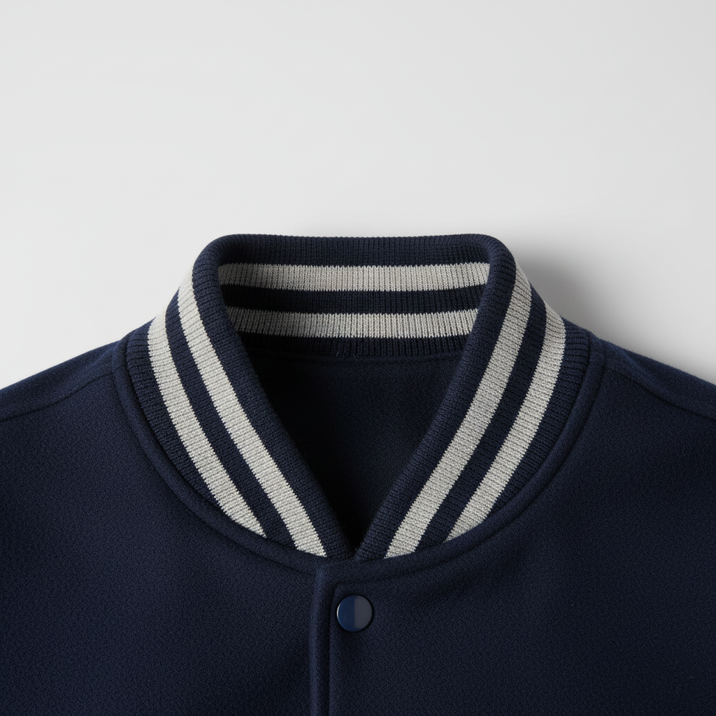 Navy blue jacket with a striped collar on a light gray background