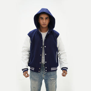 Front view of men's navy blue hooded varsity jacket featuring wool body and leather arms with customization options