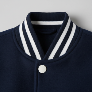 Navy blue jacket with white striped collar on a light gray background